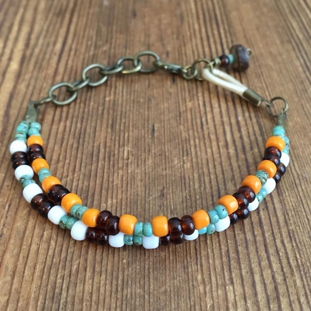 Ladies Double Strand Bracelet,  Orange and Turquoise Blue Ladies Bracelet